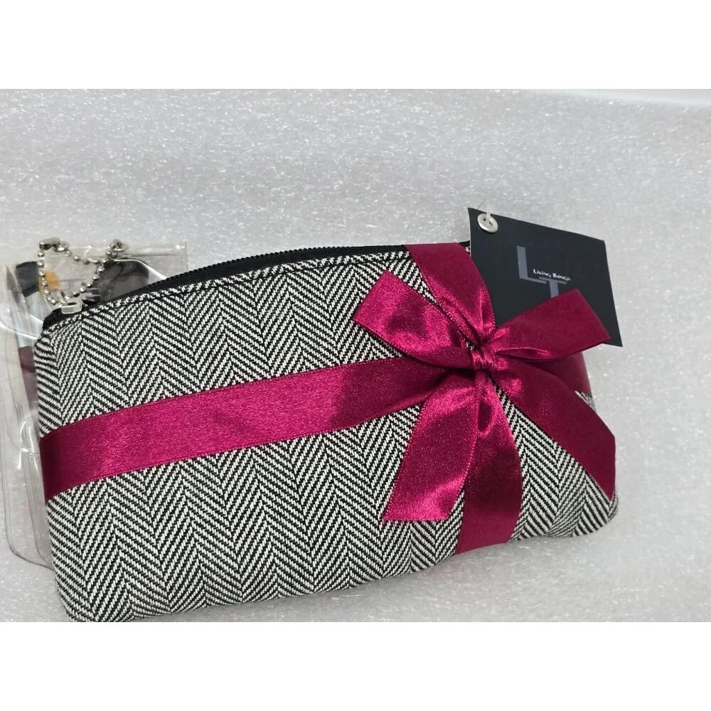 Living Things Herringbone Cosmetic Bag w Mini Makeup Brush Set Burgundy Ribbon